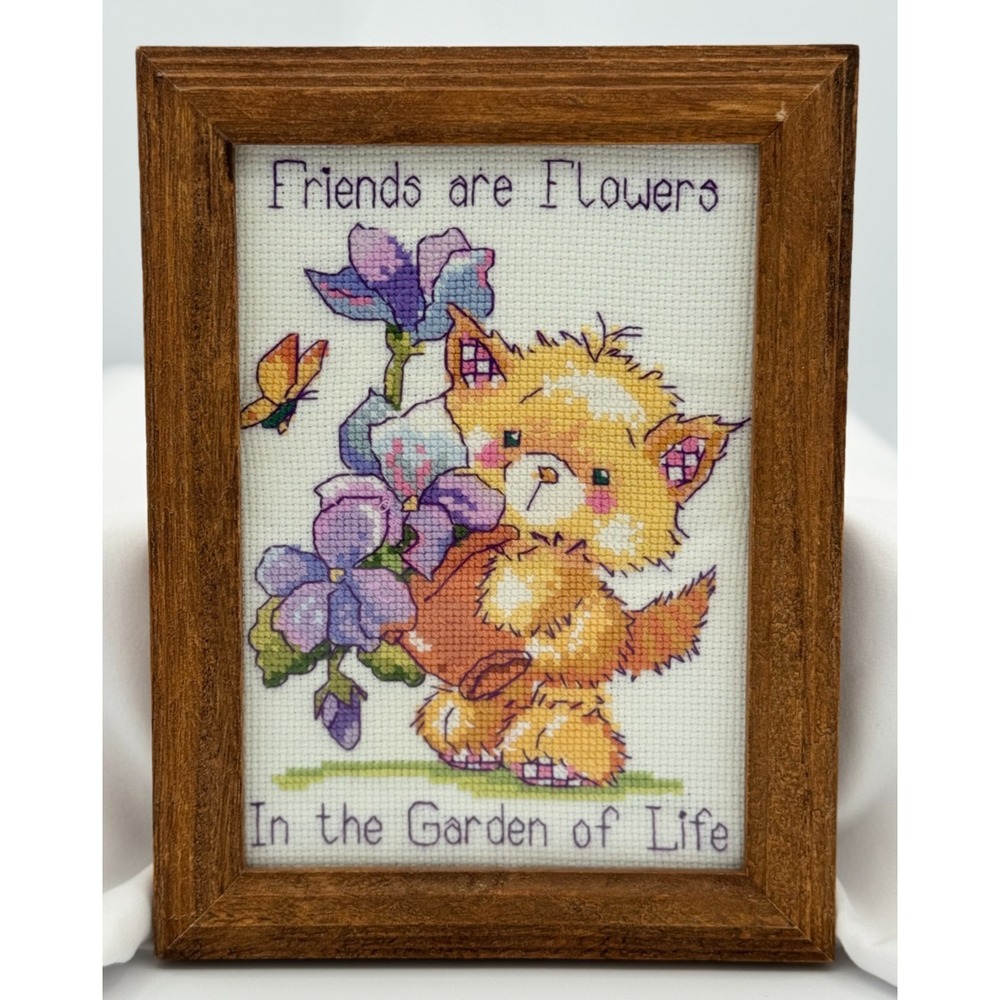 Friends are Flowers In the Garden of Life - Cross Stitch in a 7" x 5" Wood Frame